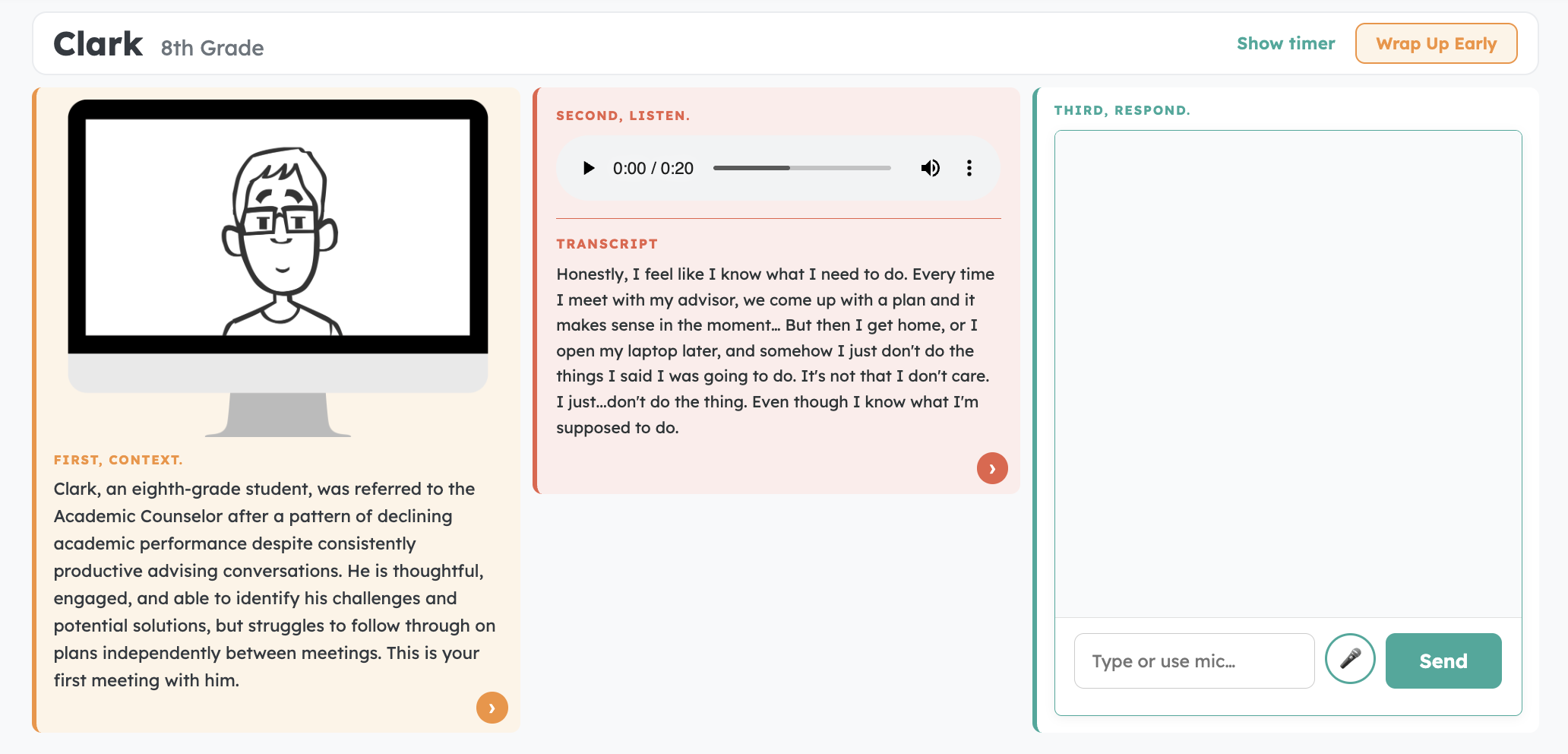 Practice scenario screen for Clark, showing context, an audio clip transcript, and a response box