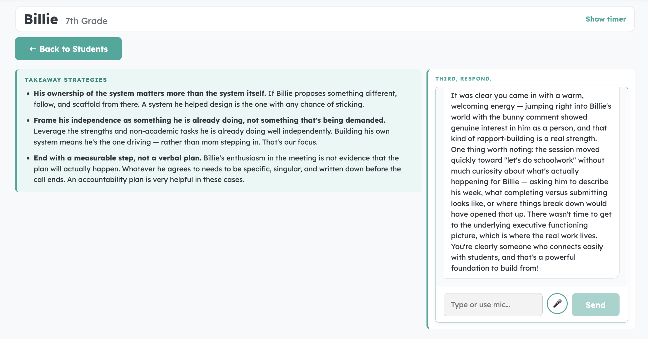 Example debrief feedback screen for a practice scenario with Billie