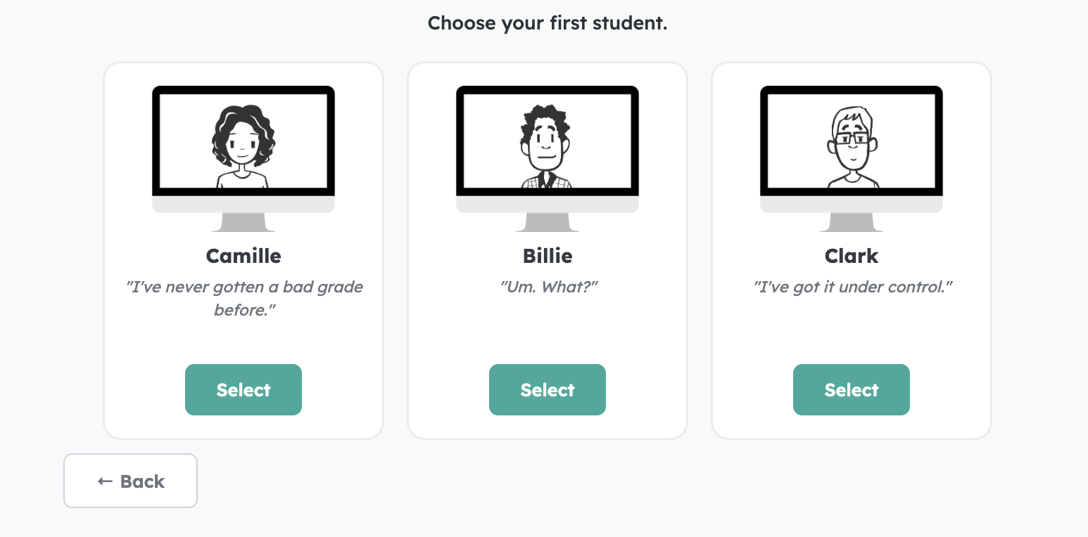 Choose your first student screen, showing Camille, Billie, and Clark